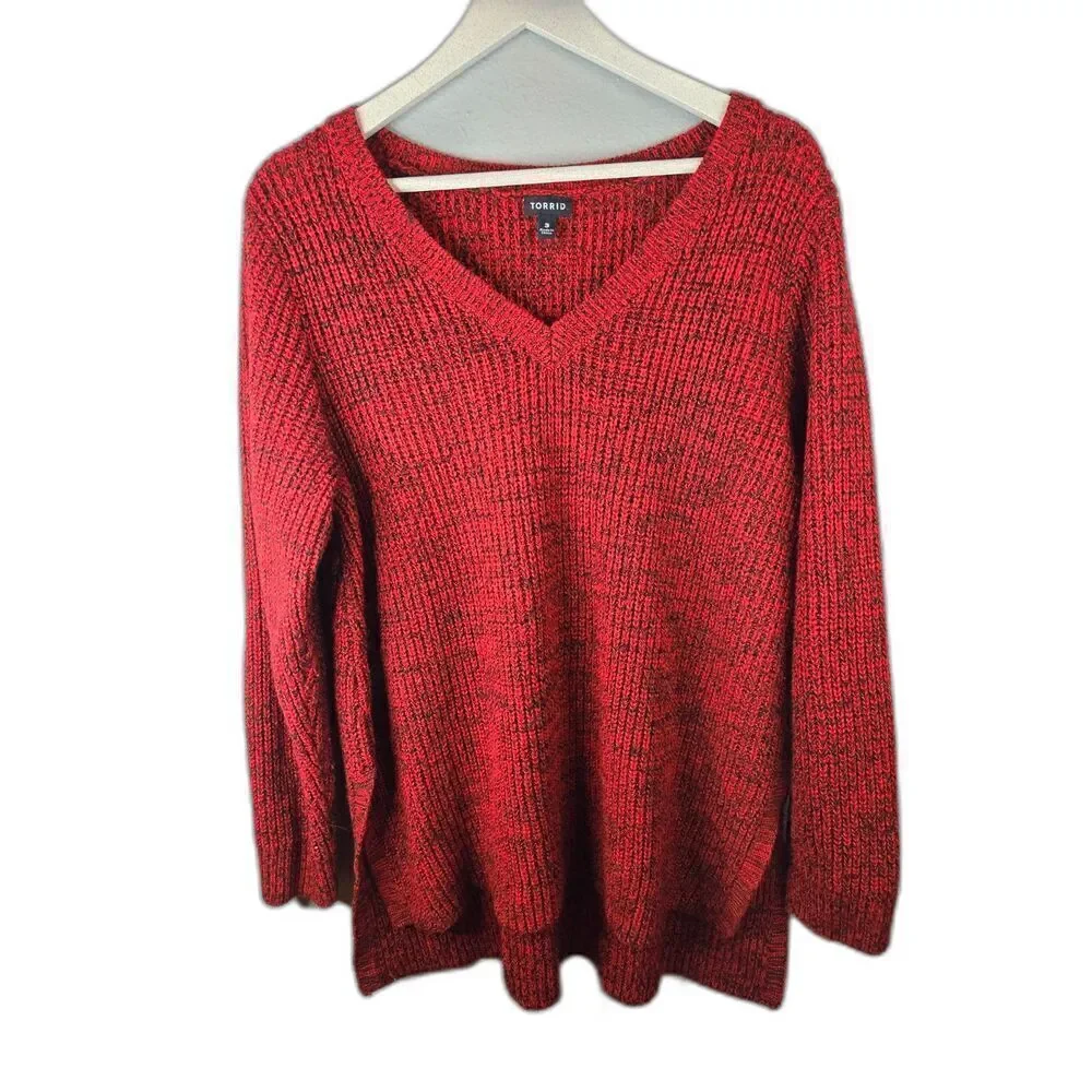 Torrid Women's Red V-Neck Marled Knit Long Sleeve Sweater Size 3 | 3X